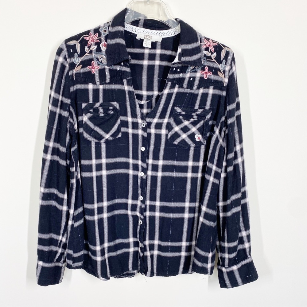 Vintage America Plaid Shirt Embroidery Black Size XL